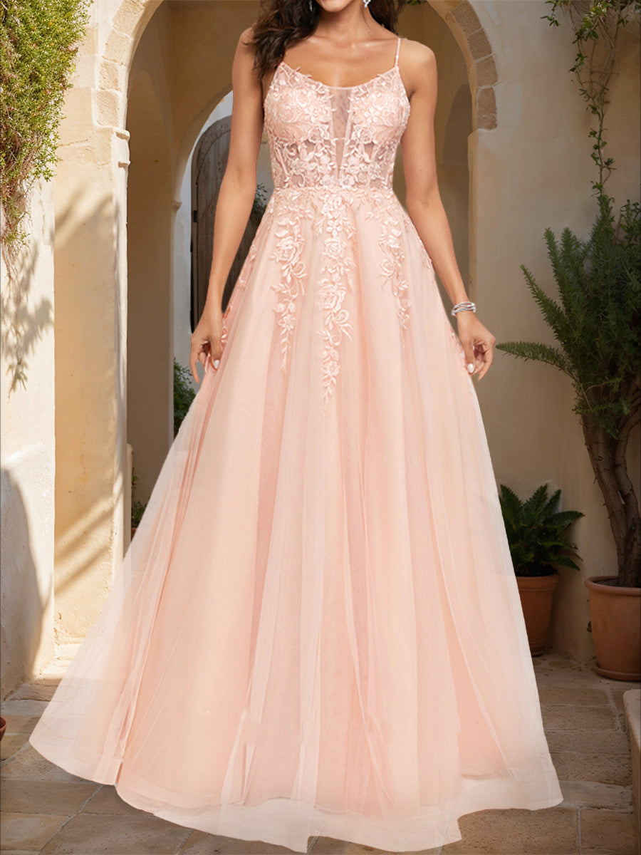 A-Line/Princess Spaghetti Straps Sleeveless Formal Dresses with Applique