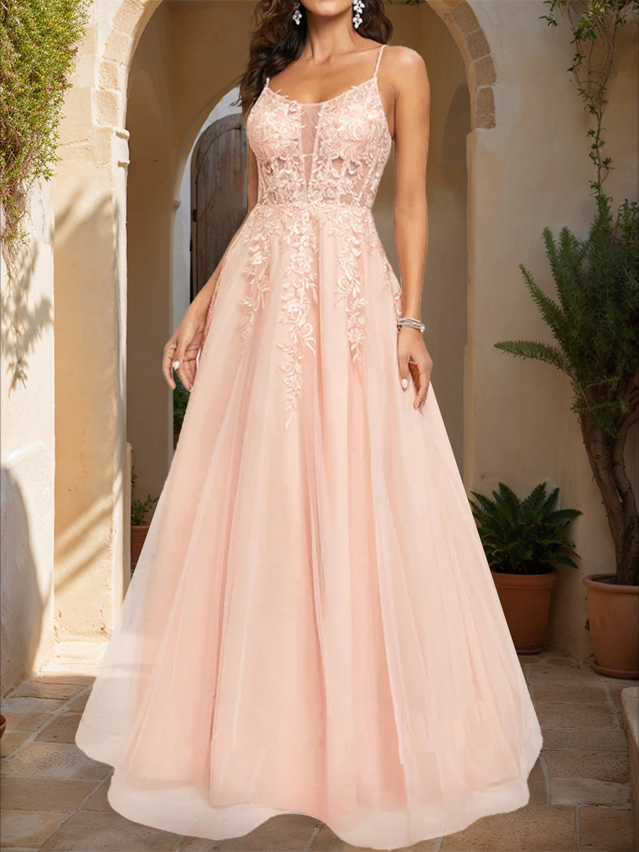 A-Line/Princess Spaghetti Straps Sleeveless Formal Dresses with Applique