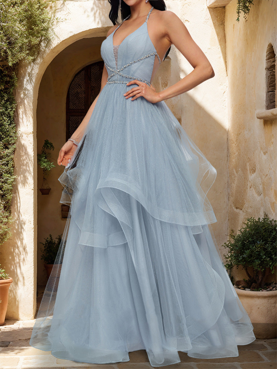 Ball Gown Halter Sleeveless Formal Dresses with Tiered