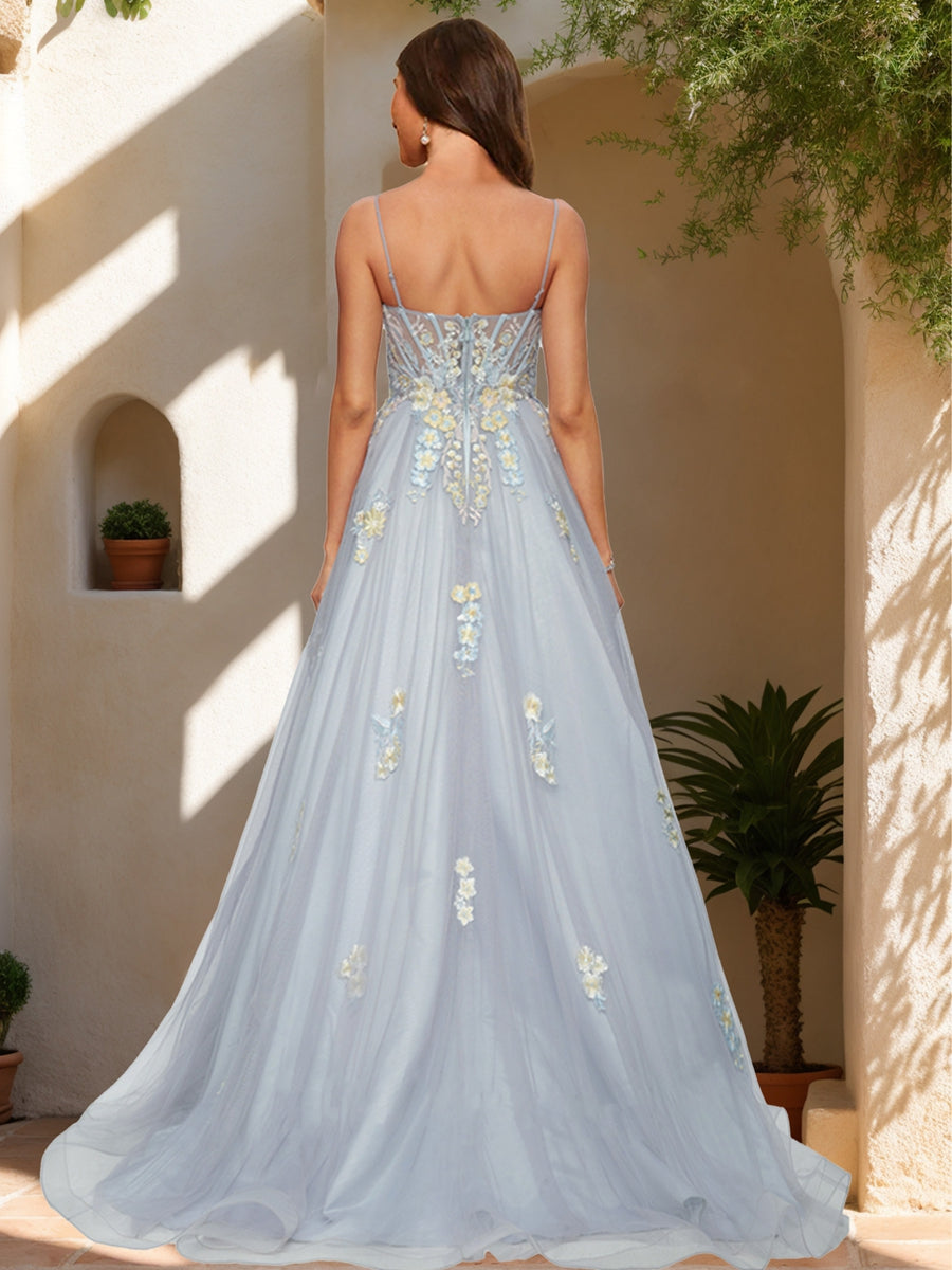 Ball Gown Spaghetti Straps Sleeveless Formal Dresses with Applique