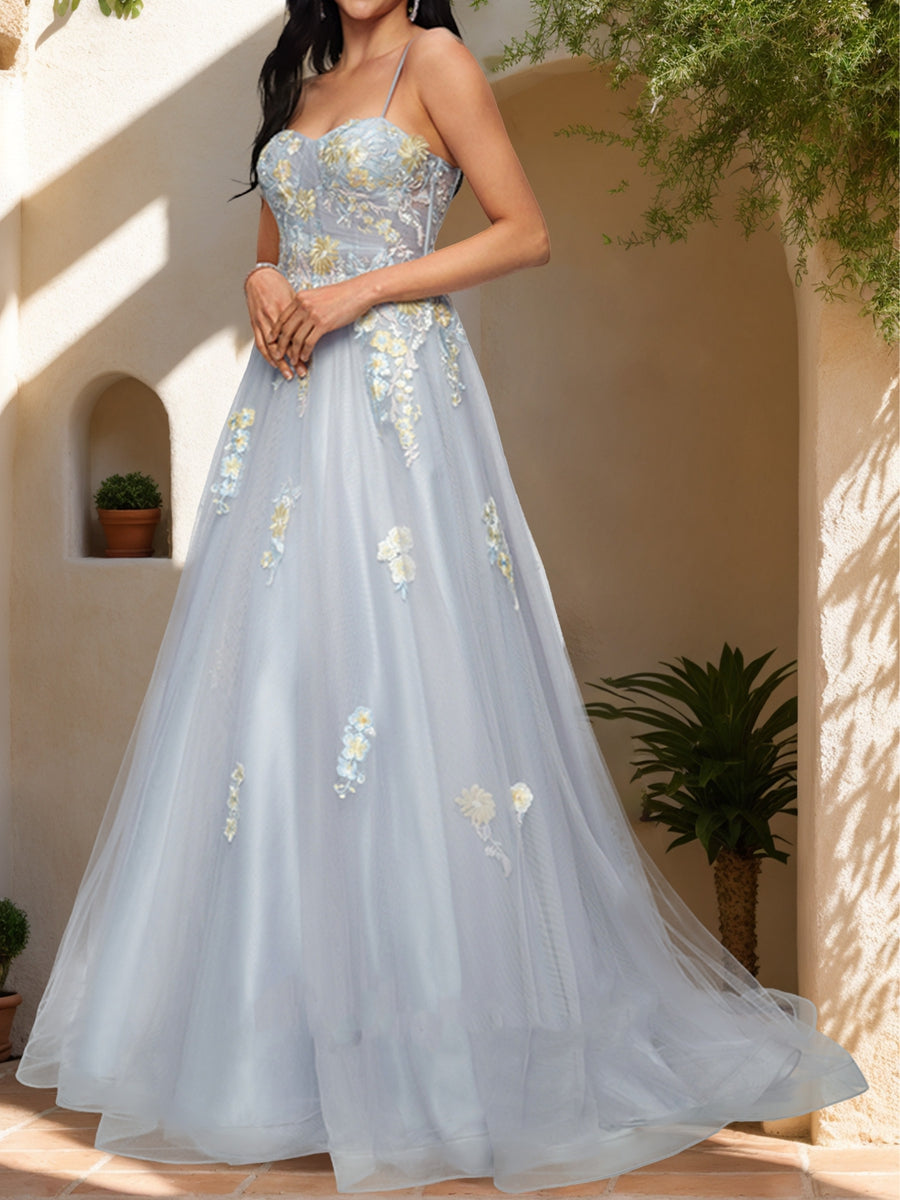 Ball Gown Spaghetti Straps Sleeveless Formal Dresses with Applique