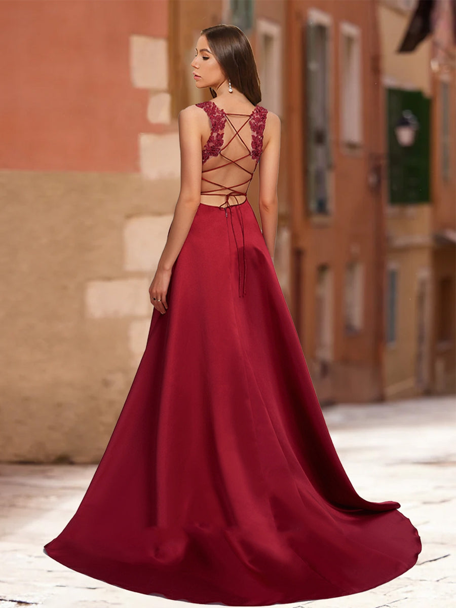 A-Line/Princess V-Neck Sleeveless Formal Dresses with Lace