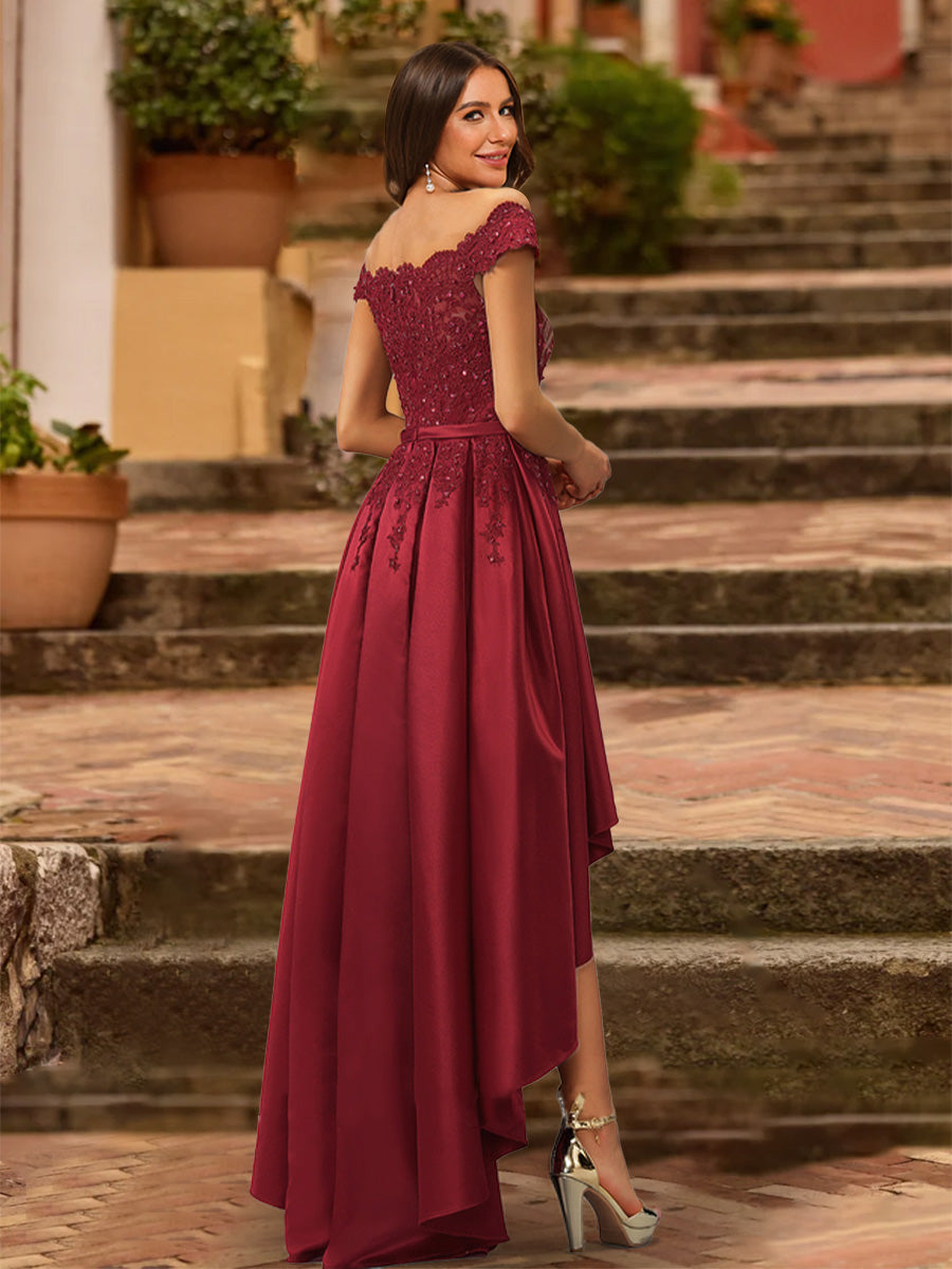 A-Line/Princess Off the Shoulder Short Sleeves Formal Dresses with Sequins