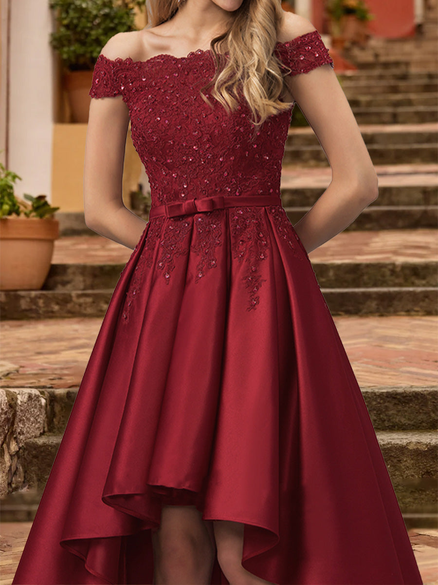 A-Line/Princess Off the Shoulder Short Sleeves Formal Dresses with Sequins