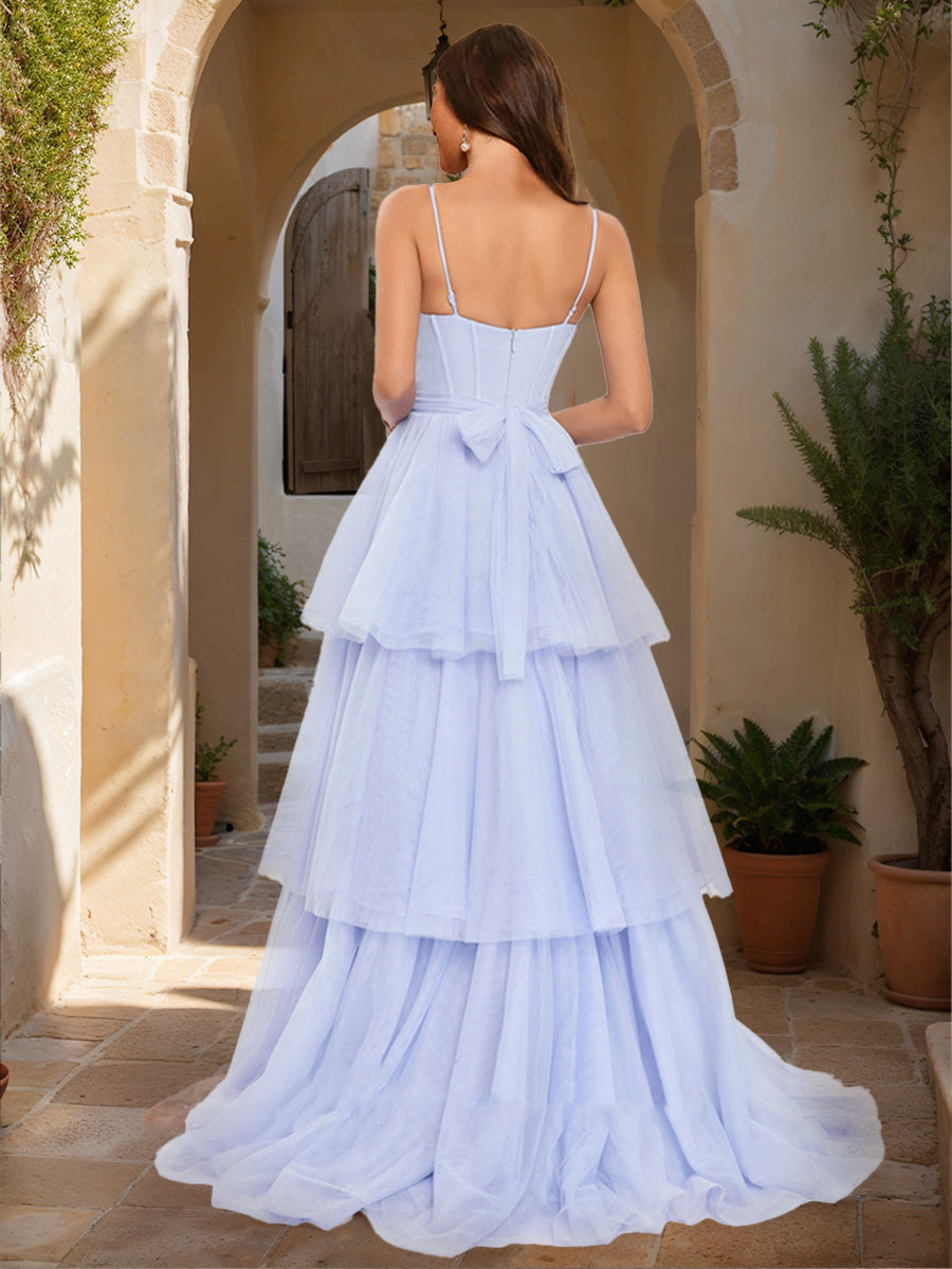 A-Line/Princess Spaghetti Straps Sleeveless Tiered Formal Dresses