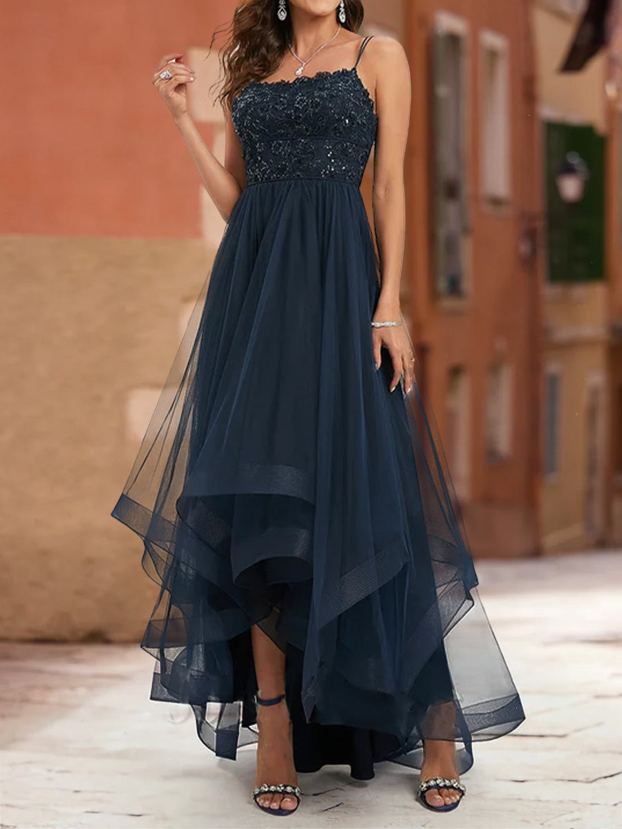 A-Line/Princess Spaghetti Straps Sleeveless Tiered Formal Dresses
