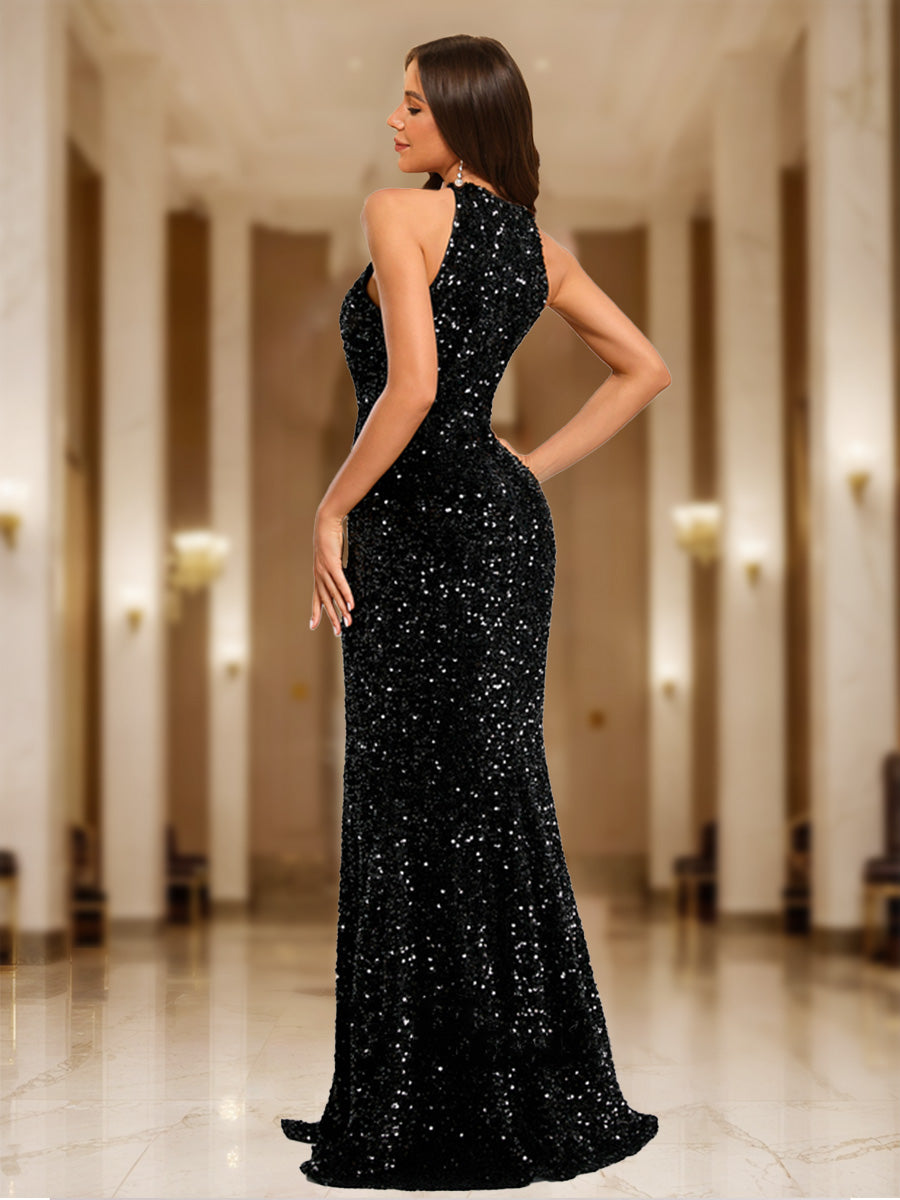 Trumpet/Mermaid Halter Sleeveless Formal Dresses with Split Side