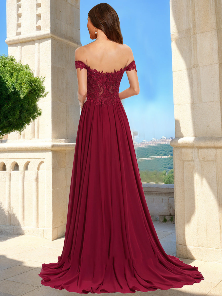 A-Line/Princess Off-the-Shoulder Short Sleeves Formal Dresses with Applique