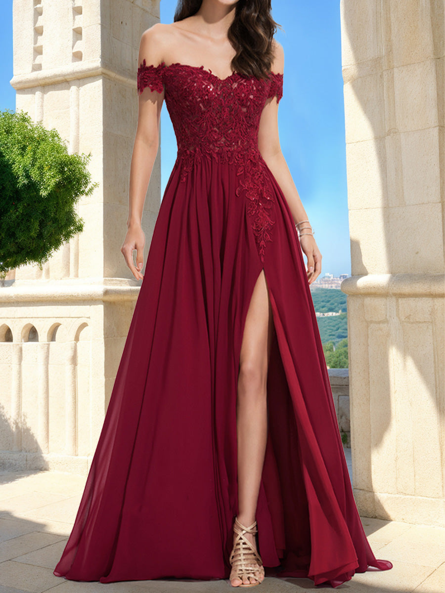 A-Line/Princess Off-the-Shoulder Short Sleeves Formal Dresses with Applique