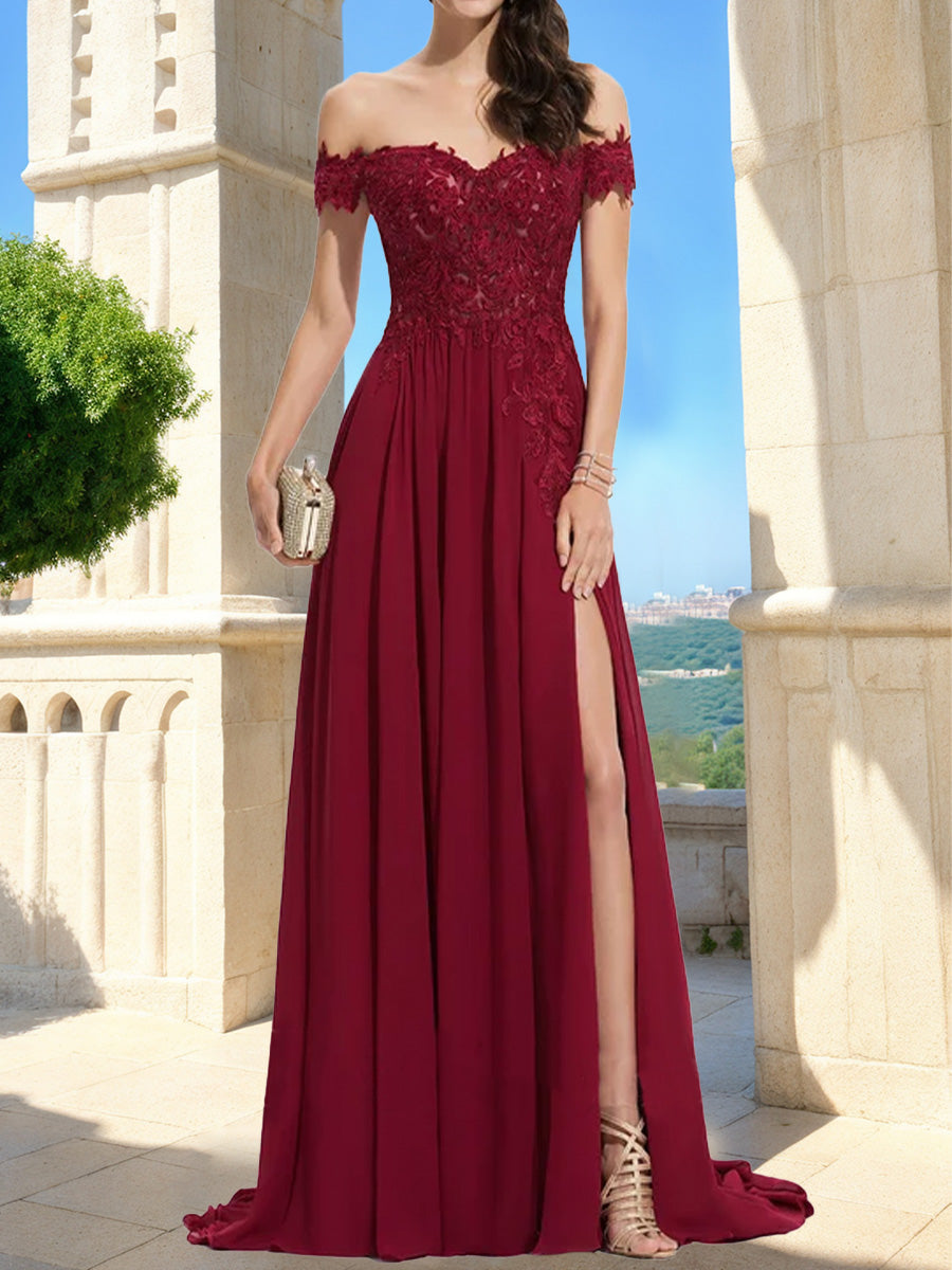 A-Line/Princess Off-the-Shoulder Short Sleeves Formal Dresses with Applique