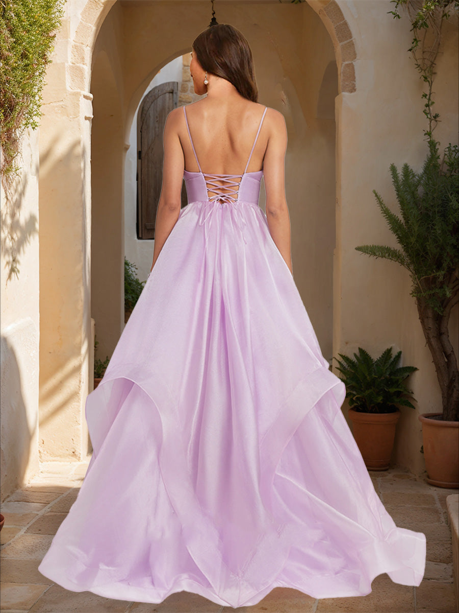 A-Line/Princess Plunging V-Neck Sleeveless Tiered Formal Dresses