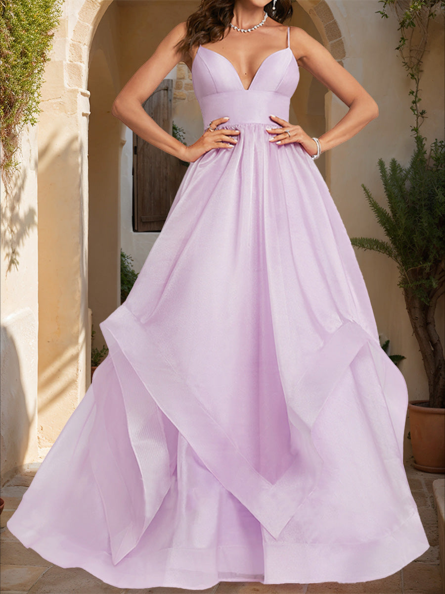 A-Line/Princess Plunging V-Neck Sleeveless Tiered Formal Dresses