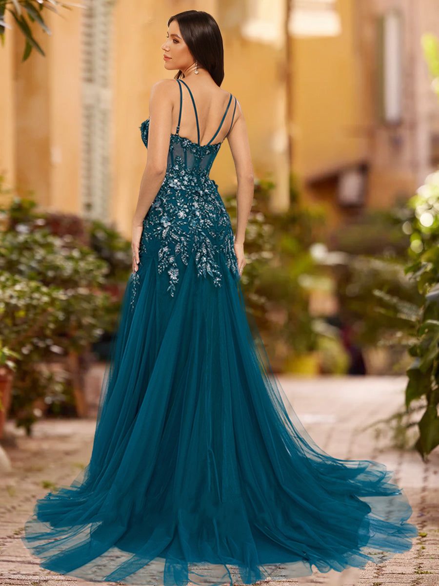 Sheath/Column V-Neck Sleeveless Applique Formal Dresses