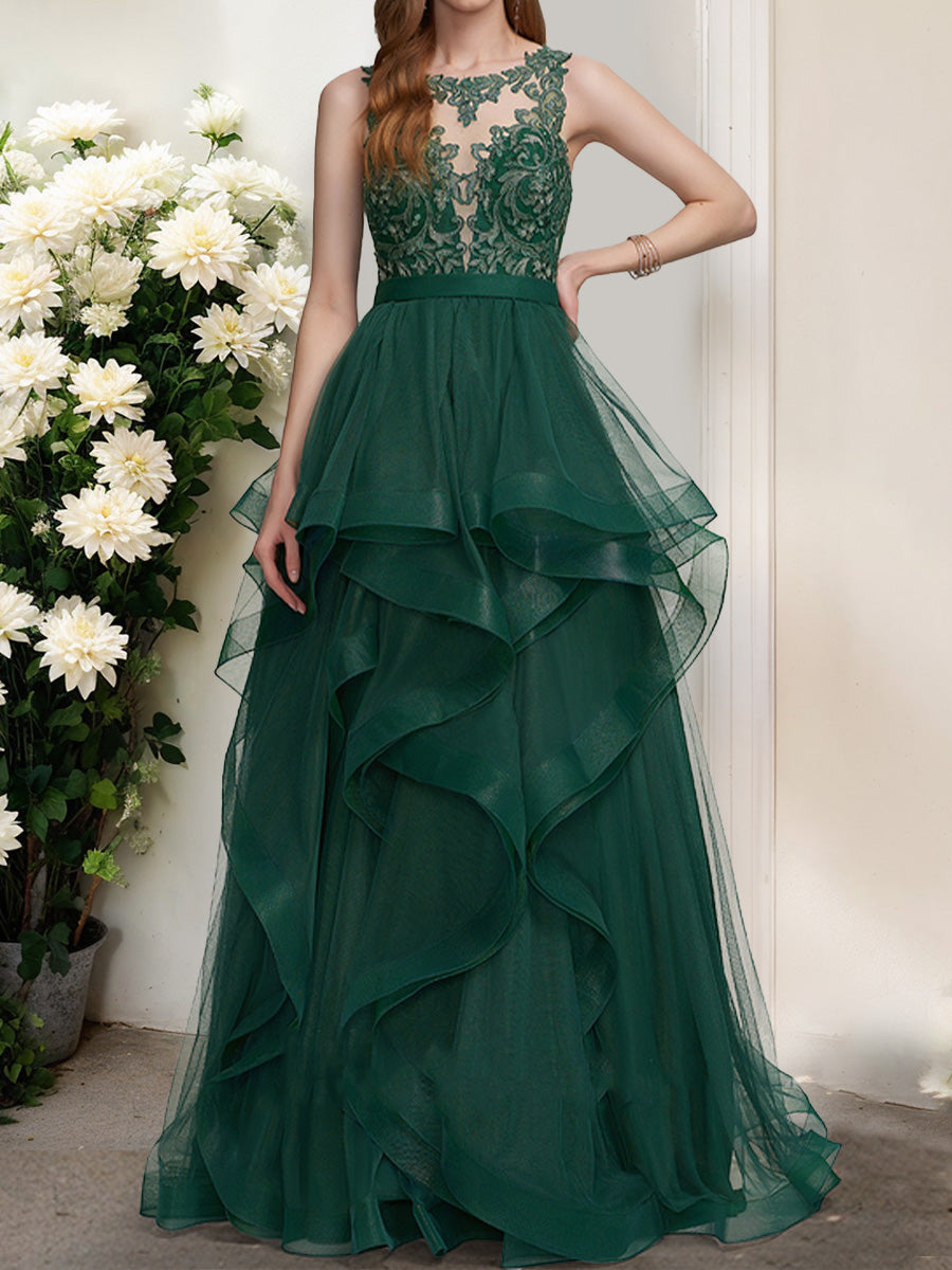 Ball Gown Scoop Sleeveless Ruffles Formal Dresses