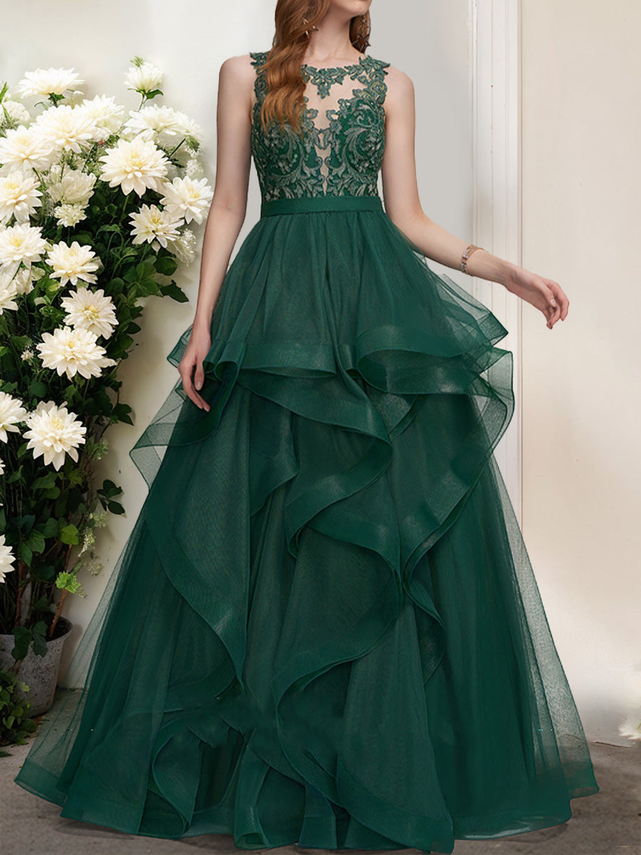 Ball Gown Scoop Sleeveless Ruffles Formal Dresses