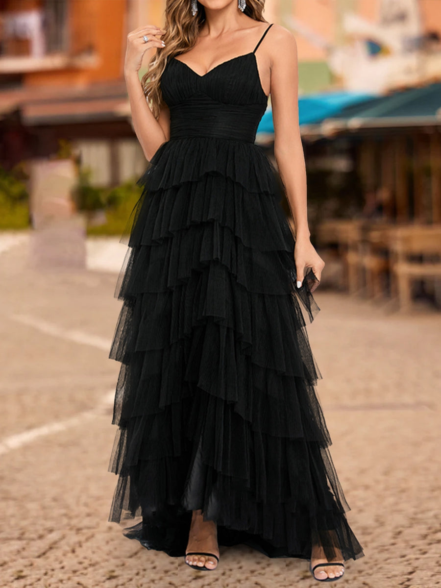 A-Line/Princess V-Neck Sleeveless Tiered Formal Dresses