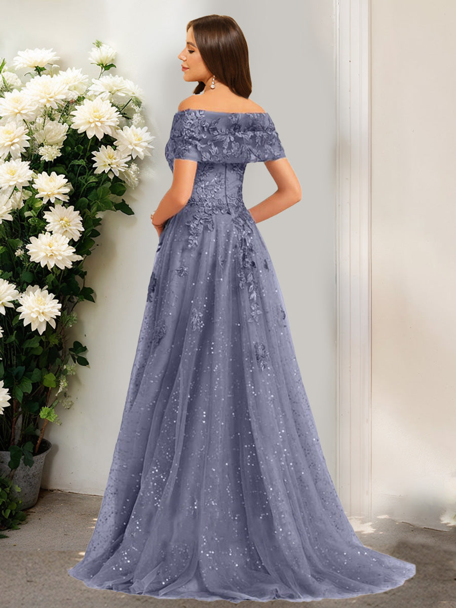 A-Line/Princess Off-the-Shoulder Short Sleeves Sequins Formal Dresses
