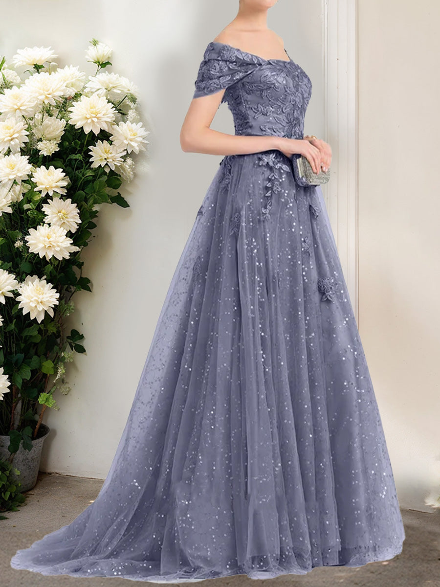 A-Line/Princess Off-the-Shoulder Short Sleeves Sequins Formal Dresses
