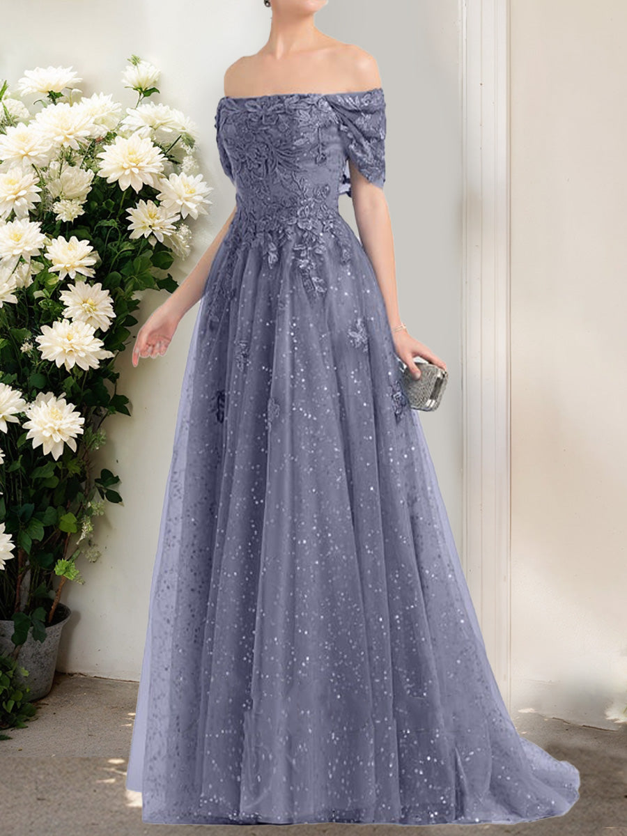 A-Line/Princess Off-the-Shoulder Short Sleeves Sequins Formal Dresses
