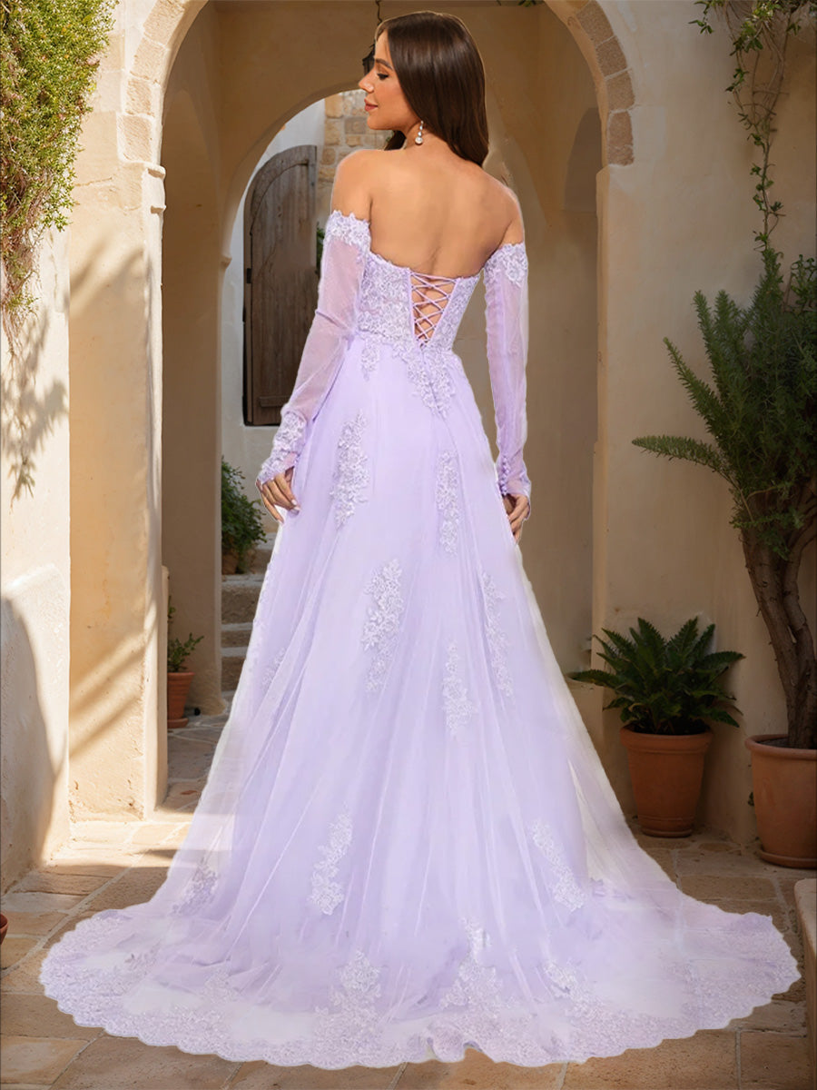A-Line/Princess Strapless Long Sleeves Lace Formal Dresses