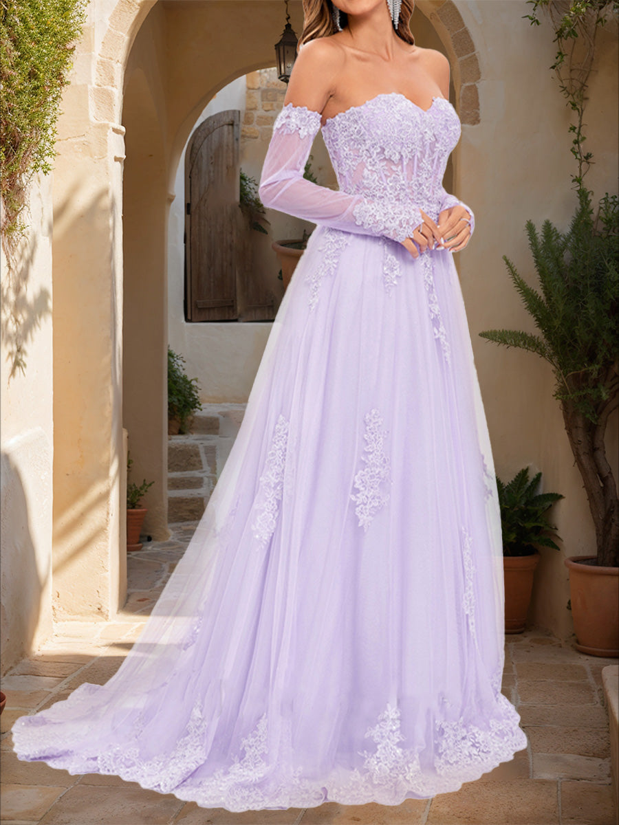 A-Line/Princess Strapless Long Sleeves Lace Formal Dresses