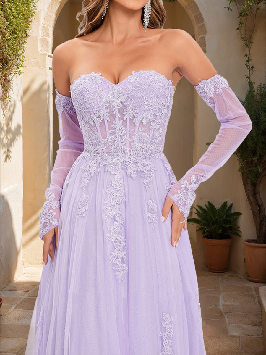A-Line/Princess Strapless Long Sleeves Lace Formal Dresses
