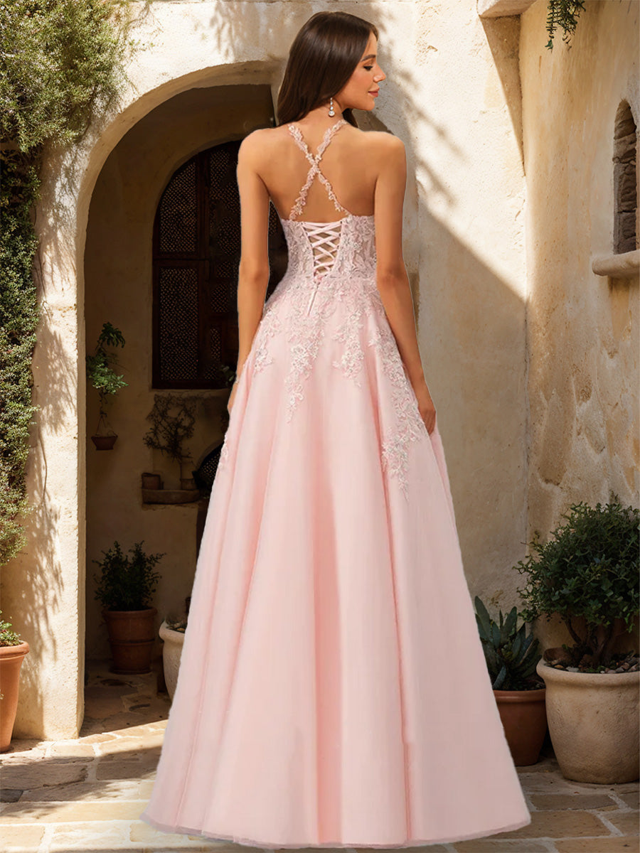 A-Line/Princess Halter Sleeveless Sequins Formal Dresses