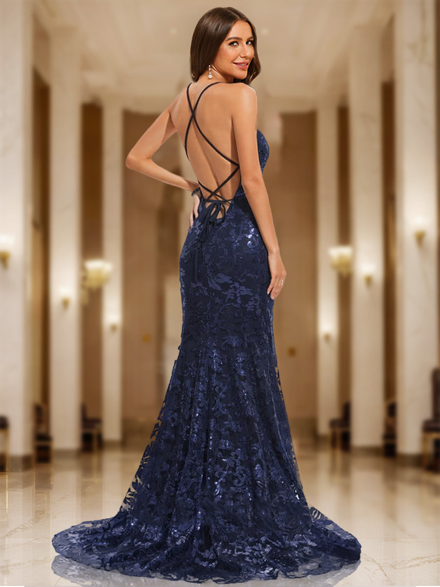Trumpet/Mermaid V-Neck Sleeveless Sequins Formal Dresses