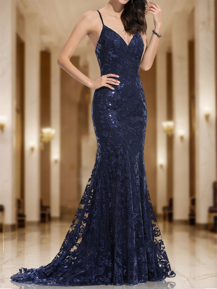 Trumpet/Mermaid V-Neck Sleeveless Sequins Formal Dresses