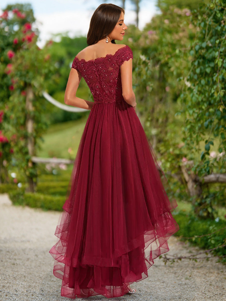 A-Line/Princess Off-the-Shoulder Short Sleeves Tiered Formal Dresses