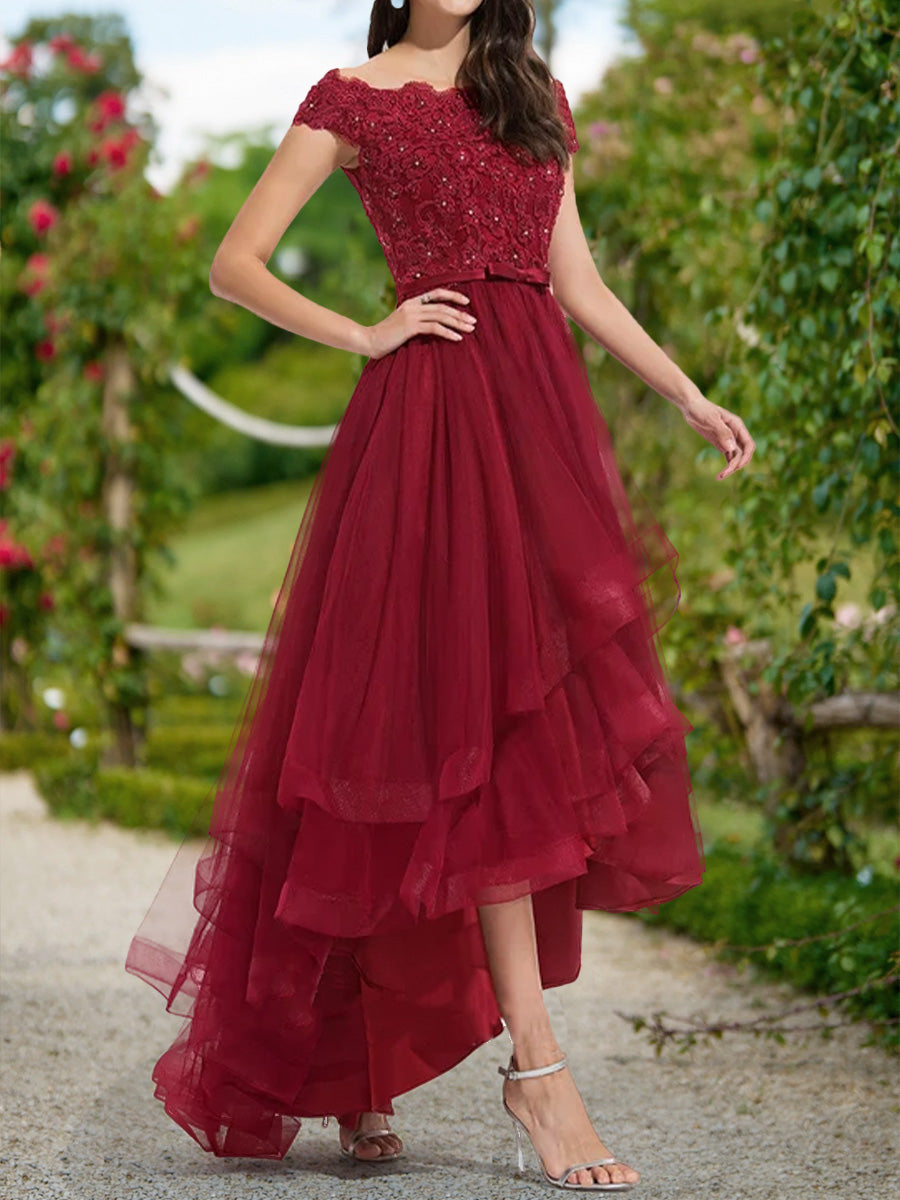 A-Line/Princess Off-the-Shoulder Short Sleeves Tiered Formal Dresses