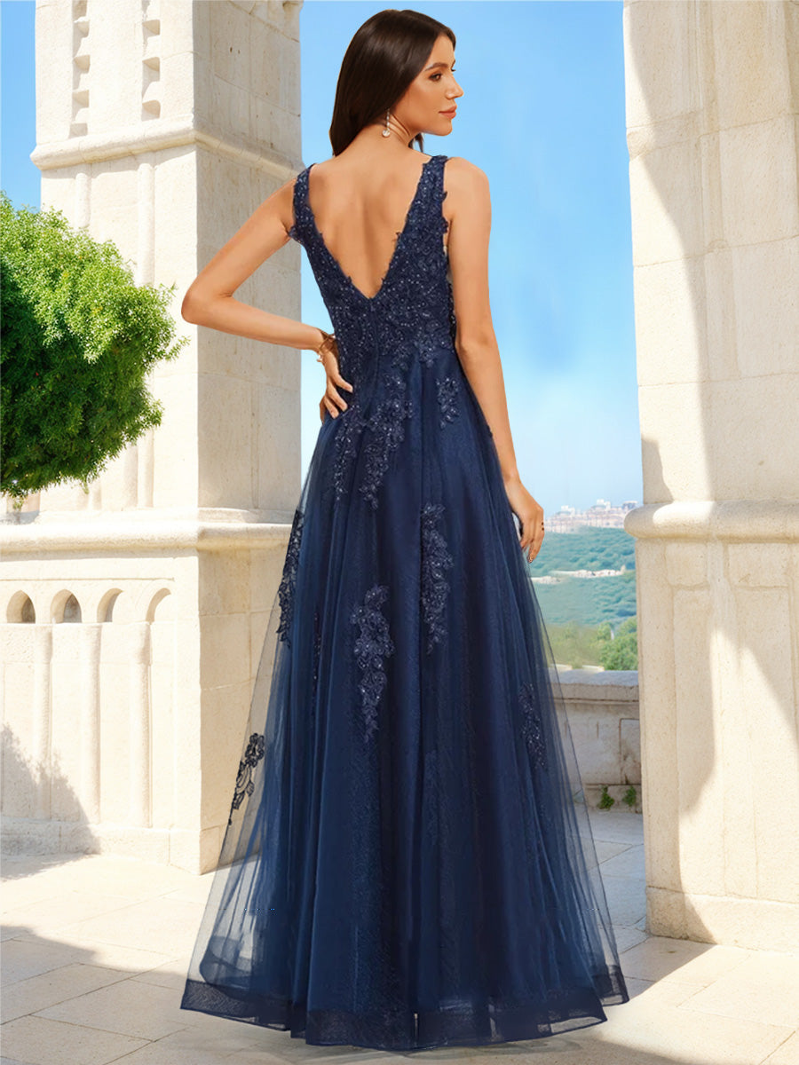 A-Line/Princess V-Neck Sleeveless Lace Formal Dresses