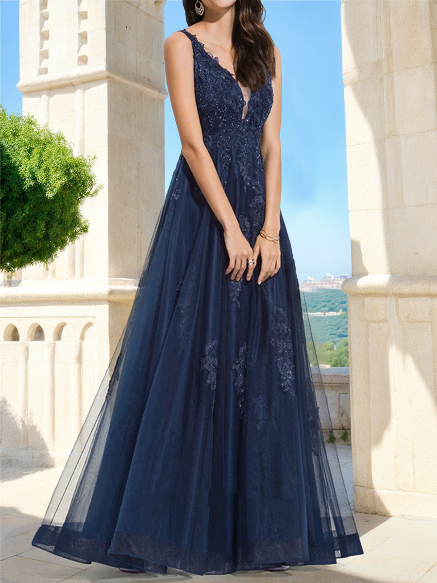A-Line/Princess V-Neck Sleeveless Lace Formal Dresses