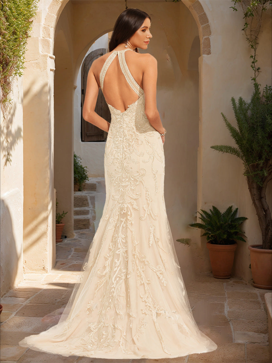 Trumpet/Mermaid Halter Sleeveless Applique Formal Dresses