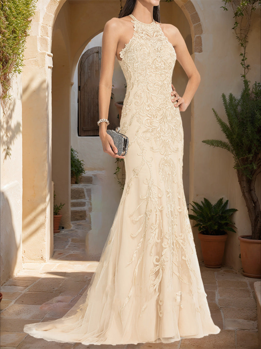 Trumpet/Mermaid Halter Sleeveless Applique Formal Dresses