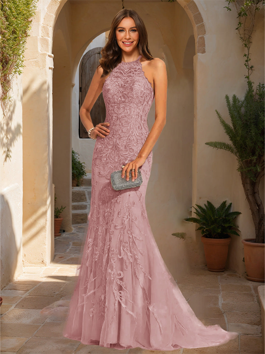 Trumpet/Mermaid Halter Sleeveless Applique Formal Dresses