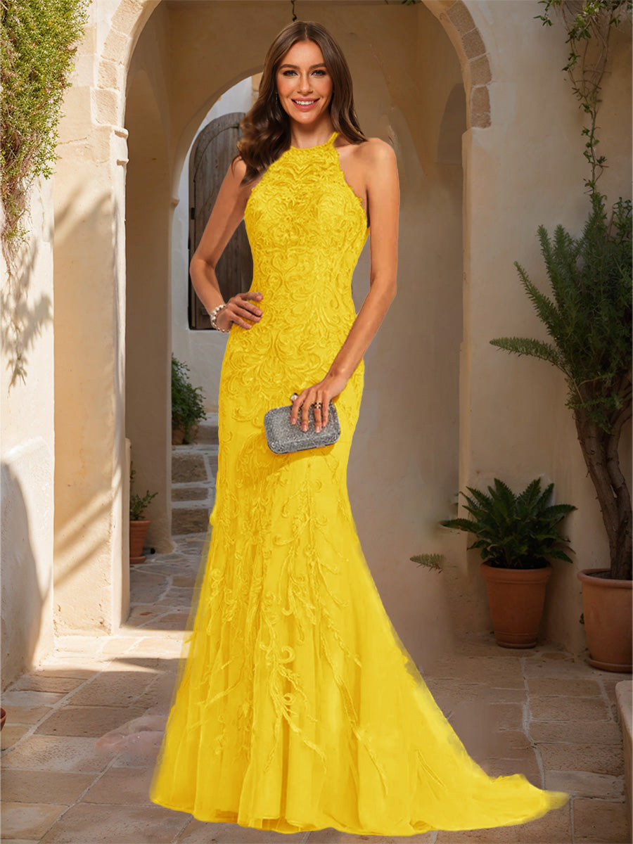 Trumpet/Mermaid Halter Sleeveless Applique Formal Dresses
