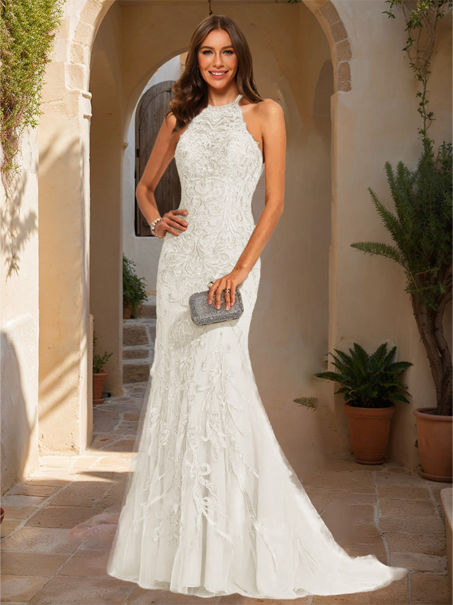 Trumpet/Mermaid Halter Sleeveless Applique Formal Dresses