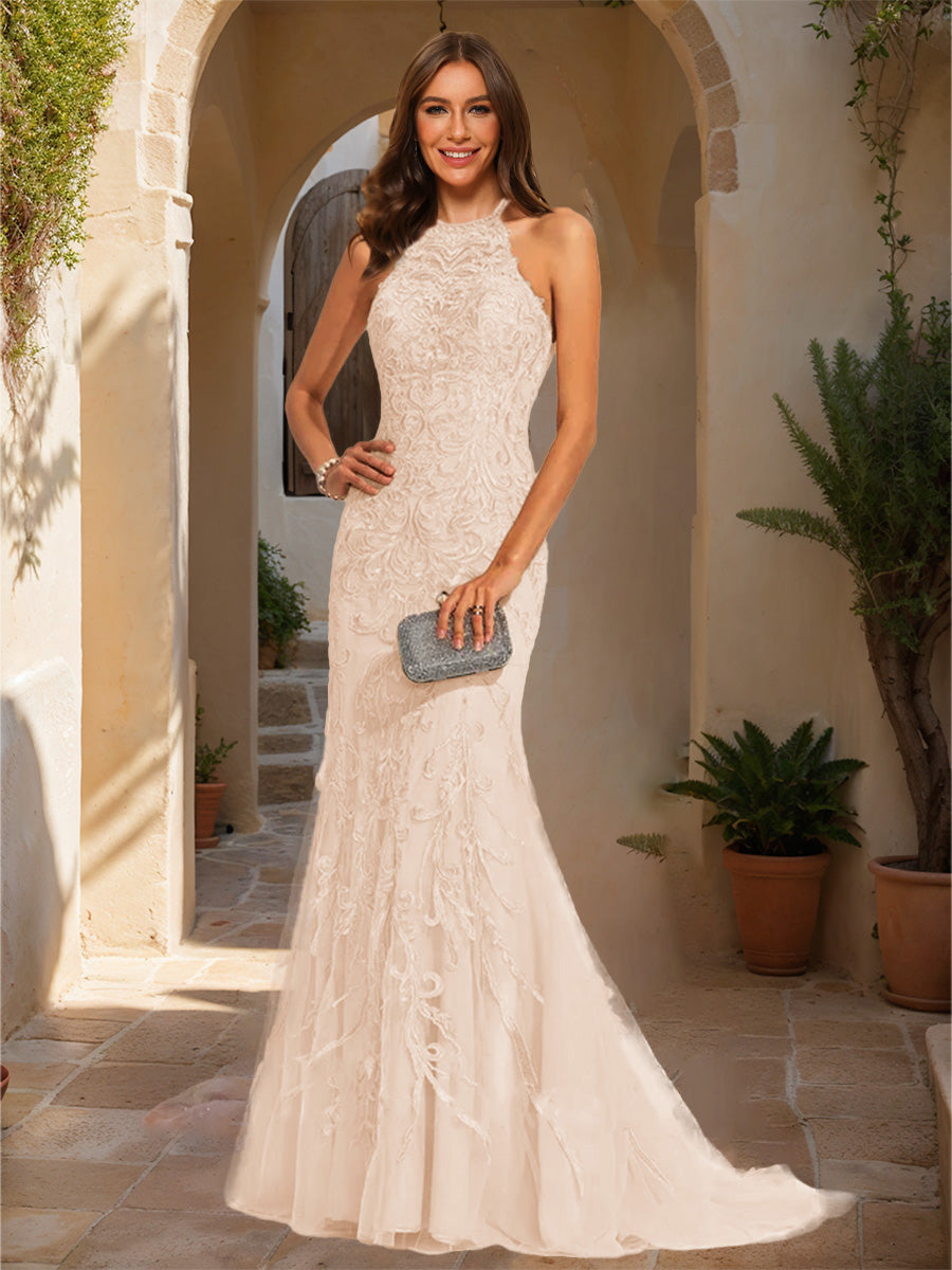 Trumpet/Mermaid Halter Sleeveless Applique Formal Dresses