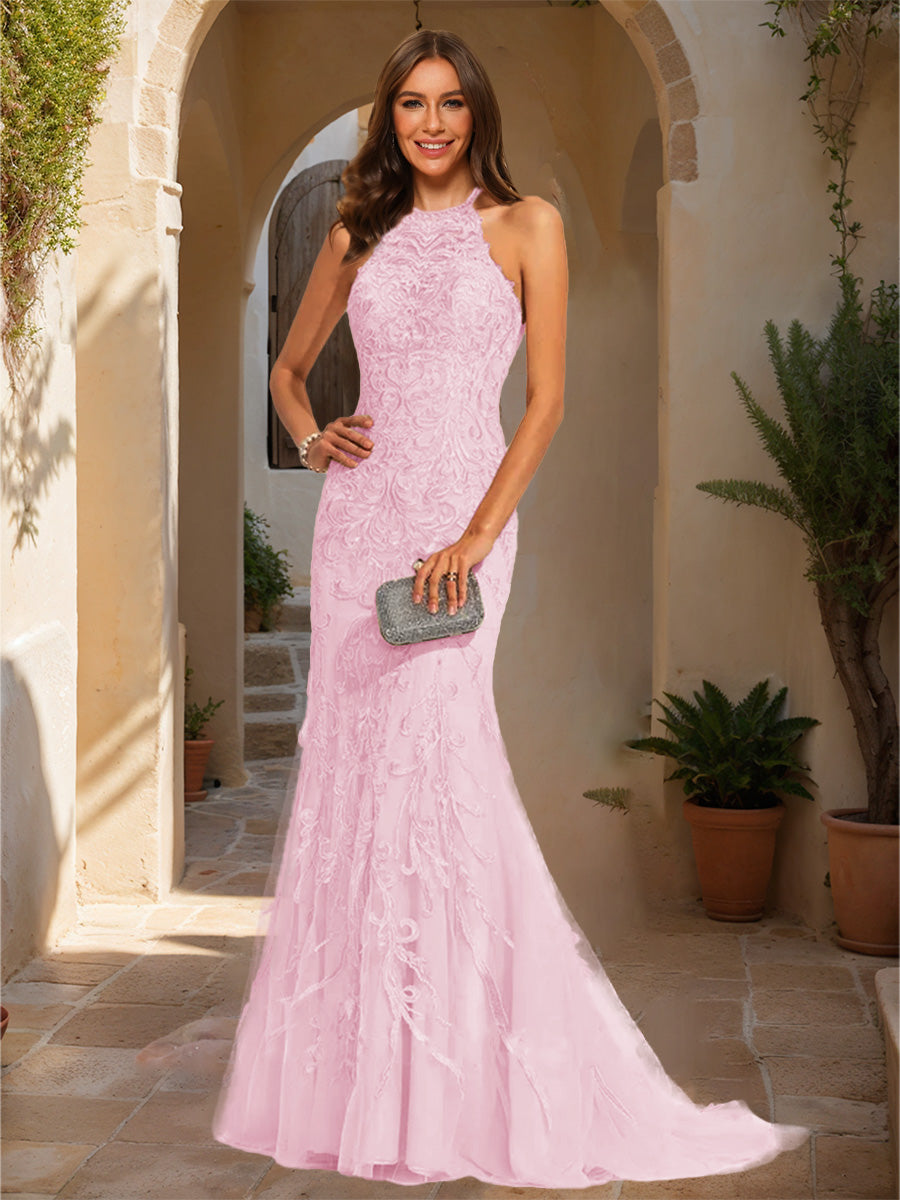 Trumpet/Mermaid Halter Sleeveless Applique Formal Dresses