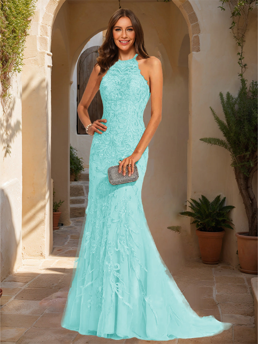 Trumpet/Mermaid Halter Sleeveless Applique Formal Dresses