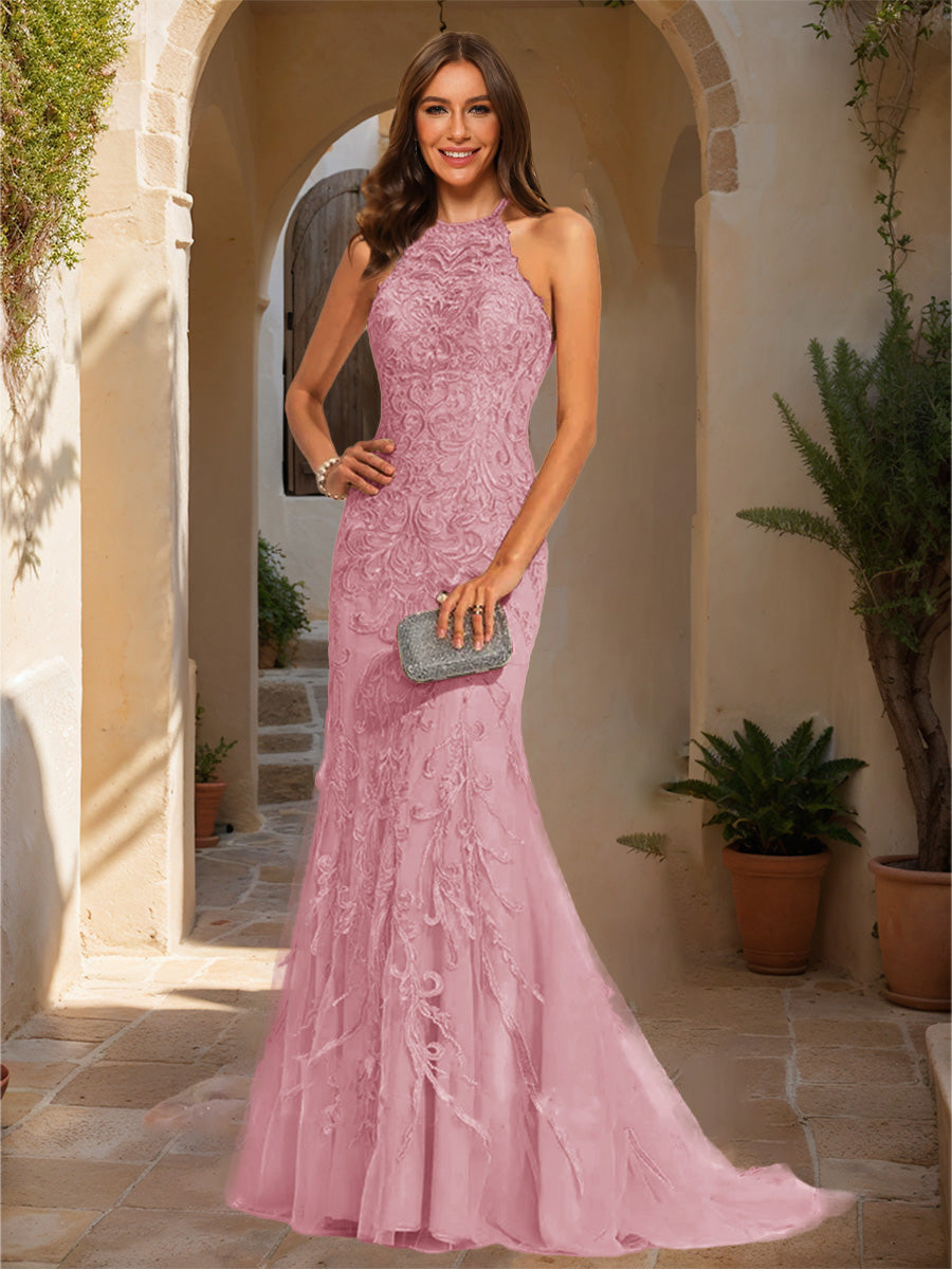 Trumpet/Mermaid Halter Sleeveless Applique Formal Dresses