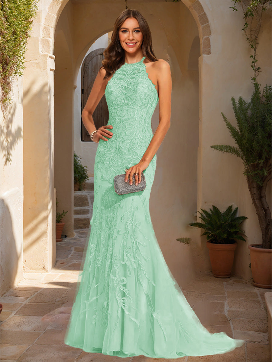 Trumpet/Mermaid Halter Sleeveless Applique Formal Dresses