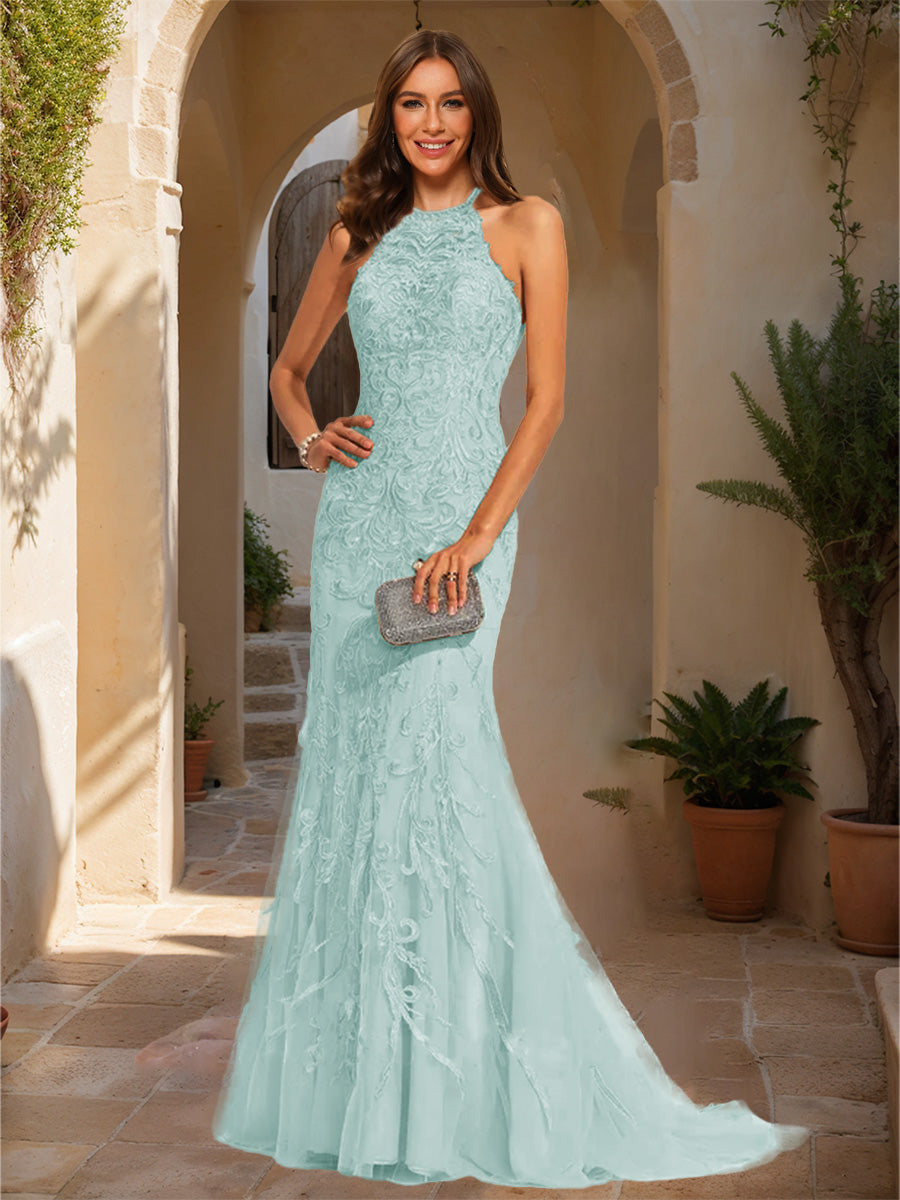 Trumpet/Mermaid Halter Sleeveless Applique Formal Dresses
