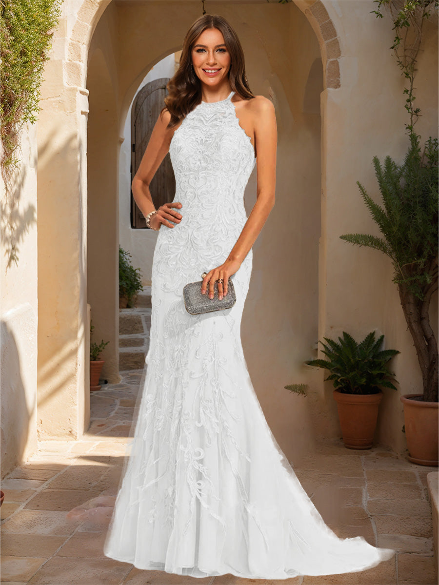 Trumpet/Mermaid Halter Sleeveless Applique Formal Dresses