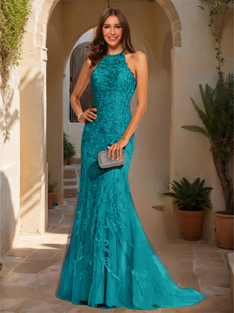 Trumpet/Mermaid Halter Sleeveless Applique Formal Dresses
