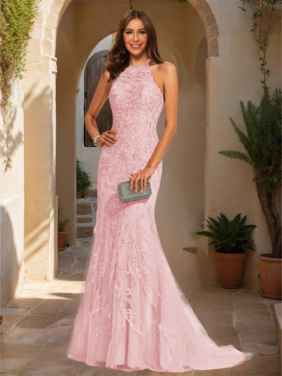 Trumpet/Mermaid Halter Sleeveless Applique Formal Dresses