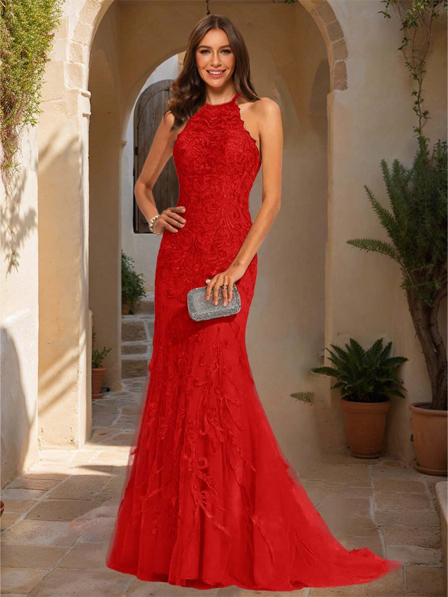 Trumpet/Mermaid Halter Sleeveless Applique Formal Dresses