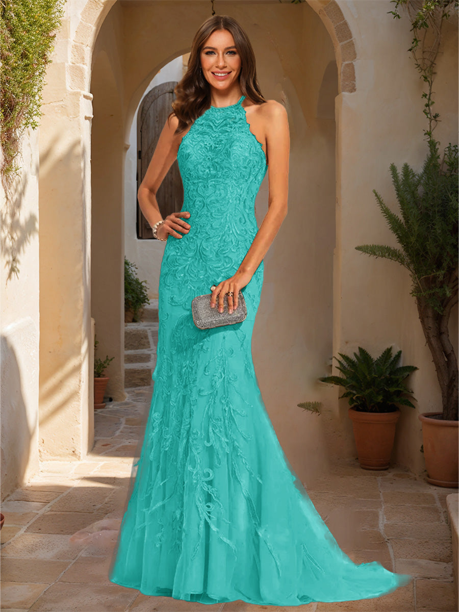 Trumpet/Mermaid Halter Sleeveless Applique Formal Dresses