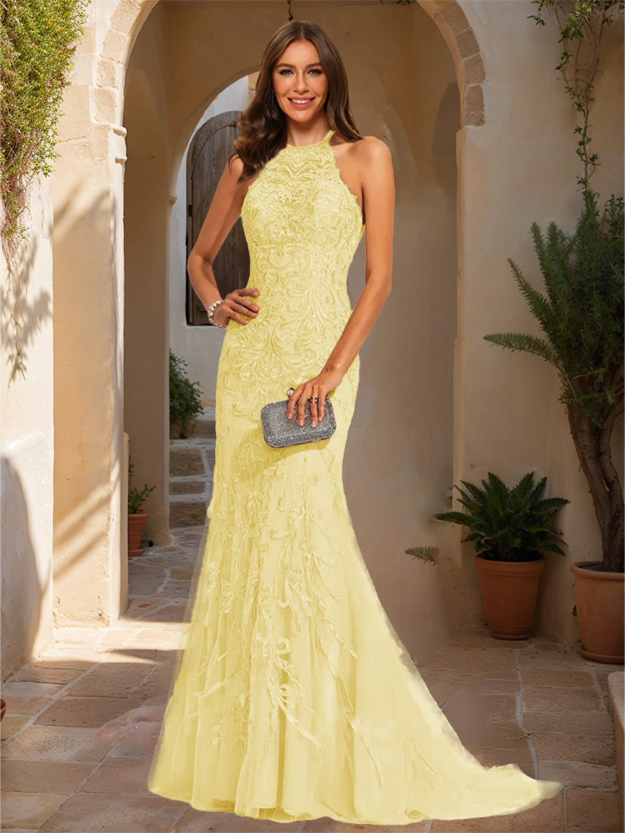Trumpet/Mermaid Halter Sleeveless Applique Formal Dresses